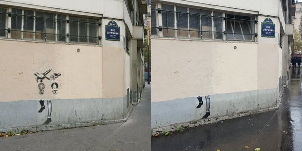 Vu sur les réseaux sociaux: un mur de la capitale, un pochoir, deux mains, une kalachnikov, le logo des JO de Munich en 1972 et celui de Paris 2024. L’insinuation est claire.