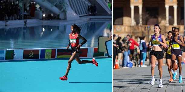 À gauche : Mekdes Woldu lors du marathon de Valence, début décembre. À droite : Méline Rollin lors de celui de Séville, mi-février.