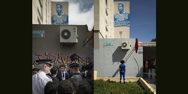 À gauche, Emmanuel Macron devant un graffiti indiquant un point de deal lors de sa visite en mars à Marseille. À droite, un jeune homme devant le même mur repeint.