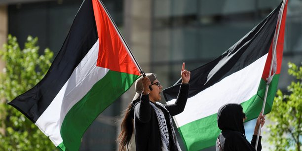 Deux personnes brandissent des drapeaux palestiniens[reuters.com]