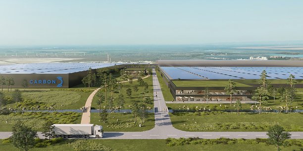 Image de synthèse représentant le projet d’usine Carbon de production de panneaux photovoltaïques.