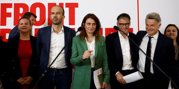 De gauche à droite : Mathilde Panot (LFI), Manuel Bompard (LFI), Marine Tondelier (Les Ecologistes), Olivier Faure (PS) et Fabien Roussel (PCF).