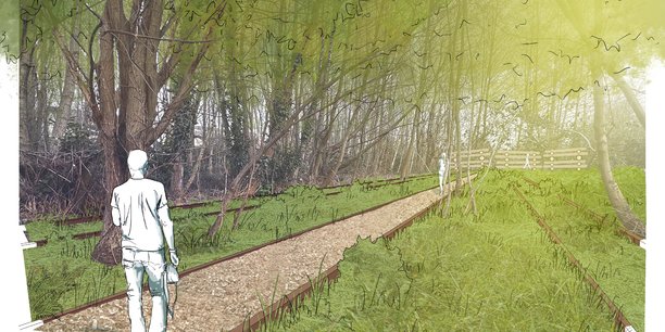 Vue d'artiste du parc urbain, qui prendra place sur une partie de l'emprise de l'éco-quartier, sera livré à l'occasion des festivités du millénaire de Caen, en 2025.