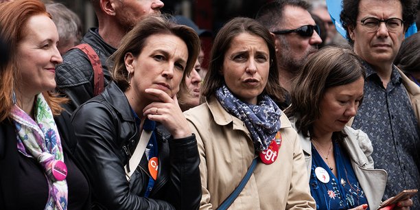 Marylise Léon (CFDT) et Sophie Binet (CGT) à Paris le 15 juin 2024.