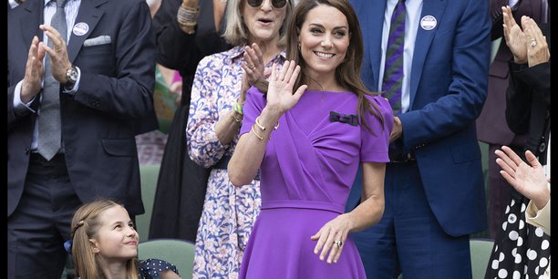 Kate Middleton et la princesse Charlotte lors de la finale du simple messieurs, le dernier jour des championnats de tennis de Wimbledon à Londres, le 14 juillet 2024.