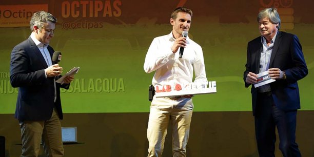 N. Passalacqua d'Octipas, vainqueur du concours de pitch, entouré de F.-X. Delacoux (RTS) et P. Chauvois (Banque Populaire du Sud).