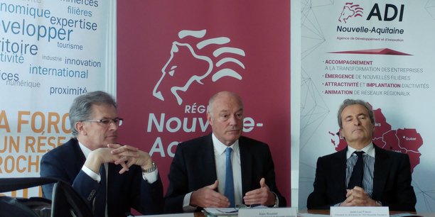 Jean-François Clédel, président de la CCI Nouvelle-Aquitaine, Alain Rousset, président (PS) du conseil régional, et Jean-Luc Fouco, président du directoir d'ADI, le 1er février 2018 à Bordeaux.