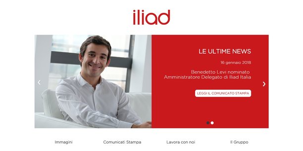 Capture d'écran du site Internet d'Iliad en Italie. Avec en photo, le nouveau responsable de ce marché, Benedetto Levi, un ancien startupper de 29 ans.