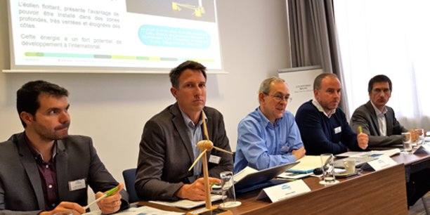 Gilles Leandro, Jérôme Loriot, Jean-Claude Perdigues, Dominique Moniot et Philippe Alexandre : l'équipe dirigeante d'Engie Green donnait une conférence de presse le 15 mai 2018 à Montpellier.