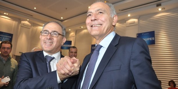 Hakim Marrakchi et Salaheddine Mezouar, lors de l'assemblée élective de la Confédération générale des entreprises du Maroc, tenue mardi 22 mai 2018 à Casablanca.