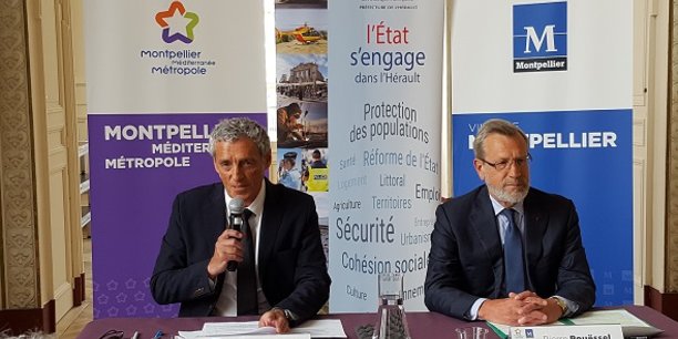 Philippe Saurel et Pierre Pouëssel ont signé les contrats financiers entre l'Etat, la Ville et la Métropole de Montpellier le 23 mai 2018.