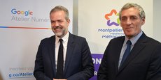Sébastien Missoffe, DG de Google France, et Philippe Saurel, maire de Montpellier et président de Montpellier Méditerranée Métropole, à Montpellier le 15 février 2019.