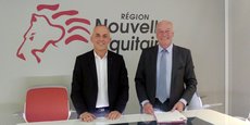 Antoine Petit, le PDG du CNRS, et Alain Rousset, président du Conseil régional de Nouvelle-Aquitaine, ce 20 mars à Bordeaux