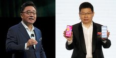 A gauche, DJ Koh, le PDG de Samsung et président de Samsung Mobile, lors de la présentation du Galaxy Fold à écran pliable le 20 février, à San Francisco. A droite, Richard Yu, le président de la division grand public de Huawei, a levé le voile sur ses nouveaux P30 et P30 Pro le 26 mars dernier, à Paris.