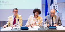 Olivier Dugrip, recteur de l'Académie de Bordeaux, Frédérique Vidal, ministre de l'Enseignement supérieur, de la recherche et de l'innovation, et Manuel Tunon de Lara, le président de l'Université de Bordeaux.