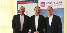 Bertrand Visconti (directeur des ventes d'Air France-KLM pour la région Sud), Emmanuel Brehmer (président du Directoire de l'aéroport de Montpellier), et Sébastien Guyot (directeur des ventes entreprises et agences France Air France).
