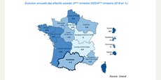 Evolution annuelle des effectifs salariés (4ème trimestre 2020/4ème trimestre 2019 en %) en Occitanie, selon l'URSSAF.