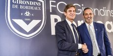 Le président du club Frédéric Longuépée, ici avec l'ancien actionnaire minoritaire Joe DaGrosa en 2018, a placé les Girondins de Bordeaux sous la protection du tribunal de commerce dans le cadre d'un mandat ad hoc jeudi 22 avril 2021.