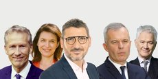 Les candidats (de gauche à droite) : Guillaume Garot (PS), Christelle Morançais (LR), présidente sortante, Matthieu Orphelin (EELV, Génération écologie, Générations, LFI...), François de Rugy (LREM) et Hervé Juvin (RN).
