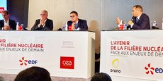 Les patrons de la filière nucléaire Philippe Knoche (Orano), Jean-Bernard Levy (EDF) et François Jacq (CEA) (de gauche à droite) ont répondu favorablement à l'invitation au débat d'Anthony Cellier, député LREM de la 3e circonscription du Gard et président du Conseil supérieur de l'énergie, le 8 octobre 2021.