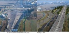 Photomontage de la barrière de péage de Buchelay, en Île-de-France, avant et après les travaux.