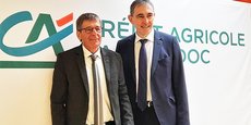 Daniel Connart et Christian Rouchon, respectivement président et directeur général de la caisse régionale du Crédit Agricole du Languedoc, le 10 février 2022 lors de la présentation des résultats 2021 de la banque.