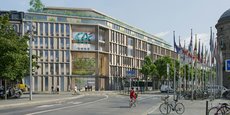 Cette perspective d'architecte, révélée en exclusivité par La Tribune, présente le nouveau siège du Crédit agricole Alsace-Vosges qui sera inauguré à Strasbourg en 2025.