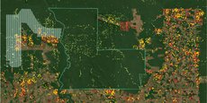 Projet REDD au Brésil, avec suivi par satellite de la déforestation (en rouge), des incendies (jaune) et de l'exploitation forestière (points verts pâles) sur la période 2016-2021