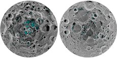 L’eau est l’une des ressources les plus précieuses sur la Lune et se trouve principalement dans les cratères du pôle sud (gauche) et du pôle nord (droite). Les zones de glace de surface sont en bleu. NASA
