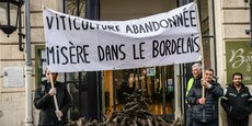 Les manifestants devant l'entrée du Bar à vin du Comité interprofessionnel du vin de Bordeaux (CIVB).