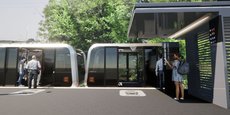 Vue d'artiste de deux modules du train léger, chacun pouvant embarquer une quarantaine de passagers.