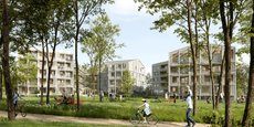 Projet de Pessac, dans la métropole bordelaise: 65 logements, au pied du tramway, en bois et terre crue, dans un site paysager préservé.