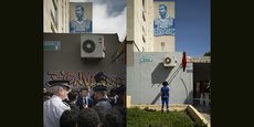 À gauche, Emmanuel Macron devant un graffiti indiquant un point de deal lors de sa visite en mars à Marseille. À droite, un jeune homme devant le même mur repeint.