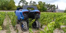 Le robot autonome Bakus de l'entreprise VitiBot enjambe les rangs de vigne pour travailler la terre.