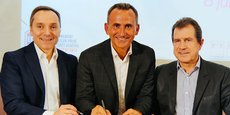 Christophe Alaux (Vacalians), Matthias Baulaud (MBS) et André Deljarri (CCI 34) ont signé le partenariat entre Vacalians et Montpellier Business School le 8 janvier 2018.
