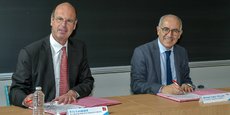 Eric Lombard, le directeur général de la Caisse des dépôts, et Manuel Tunon de Lara, le président de l'Université de Bordeaux, le 19 mars à Talence.