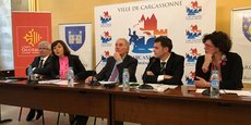 De g. à d. : R. Banquet (Carcassonne Agglo), C. Delga (Région), G. Larrat (Ville de Carcassonne), E. Garcia (délégué FIFP) et T. Rivel (CD11)