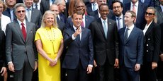 Le président de la République, Emmanuel Macron, entouré de Ginni Rometty, Pdg de IBM (à gauche) et du président Rwandais Paul Kagame et du Pdg de Facebook, Mark Zuckerberg (à droite) - Elysée, Paris, le 23 mai 2018, Sommet Tech for good.