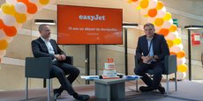 E. Brehmer (AMM) et R. Otten (Easyjet) fête le 10e anniversaire de la compagnie aérienne à Montpellier