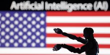 Illustration du drapeau americian, d'un robot miniature et des mots intelligence artificielle