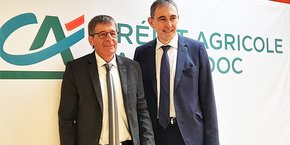 Daniel Connart et Christian Rouchon, respectivement président et directeur général de la caisse régionale du Crédit Agricole du Languedoc, le 10 février 2022 lors de la présentation des résultats 2021 de la banque.