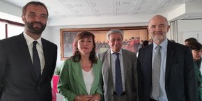 Michaël Delafosse, Carole Delga, Etienne Guyot et Pierre Moscovici, le 27 juin 2022 dans les locaux de la Chambre régionale des comptes d'Occitanie, à Montpellier.
