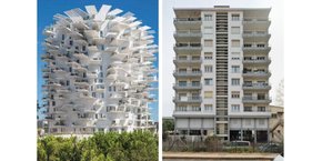 L'Arbre blanc, inauguré en 2019, et le bâtiment construit dans les années 1960 et baptisé l'arbre gris par l'architecte Yann Legouis, se font face à Montpellier.