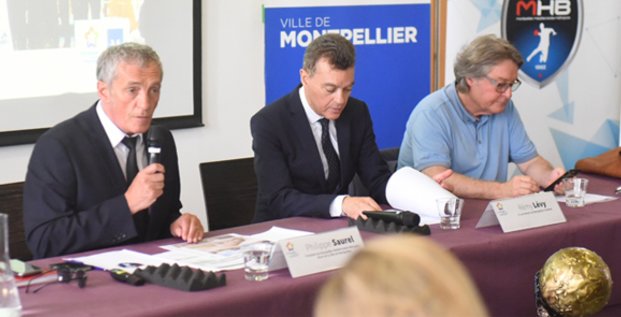 Le maire Philippe Saurel, aux côtés de Rémy Lévy et Serge Granger, coprésidents du MHB