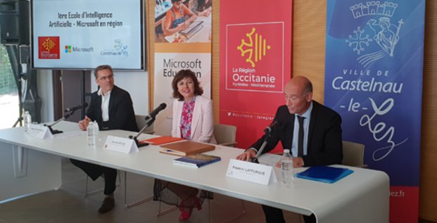 L. Schlosser (Microsoft), C. Delga (Région) et F. Lafforgue (Ville de Castelnau-le-Lez), pour le lancement de l'École IA Microsoft