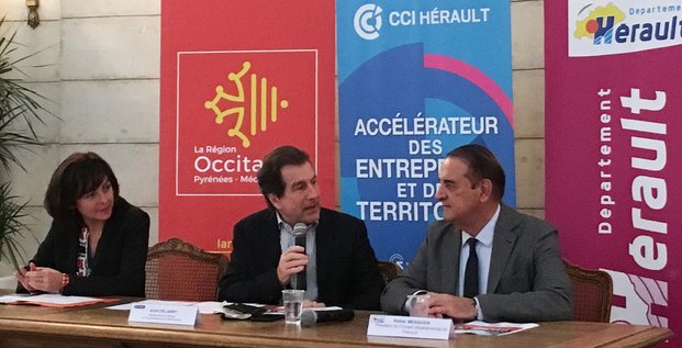 De gauche à droite : C. Delga (Région Occitanie), A. Deljarry (CCI 34) et K. Mesquida (Département de l'Hérault)
