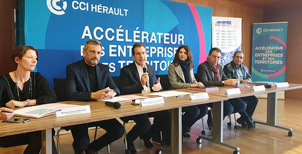 A. Deljarry (CCI 34), entouré des président(e)s des 5 plates-formes Initiative France de l'Hérault