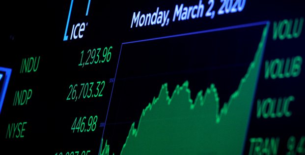 Le Dow Jones, indice vedette de la Bourse de New York, à la fermeture, le lundi 2 mars 2020