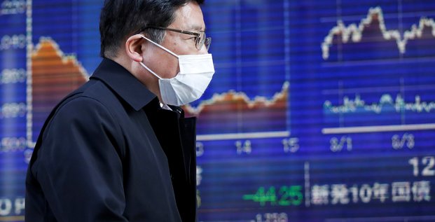 Bourse : un homme portant un masque passe devant un tableau électronique montrant des graphiques de récents mouvements de l'indice Nikkei