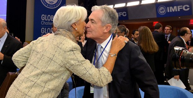 Christine Lagarde (à g.), ancienne directrice du FMI et désormais présidente de la BCE, en présence de Jerome Powell, président de la Fed, le 19 octobre 2019